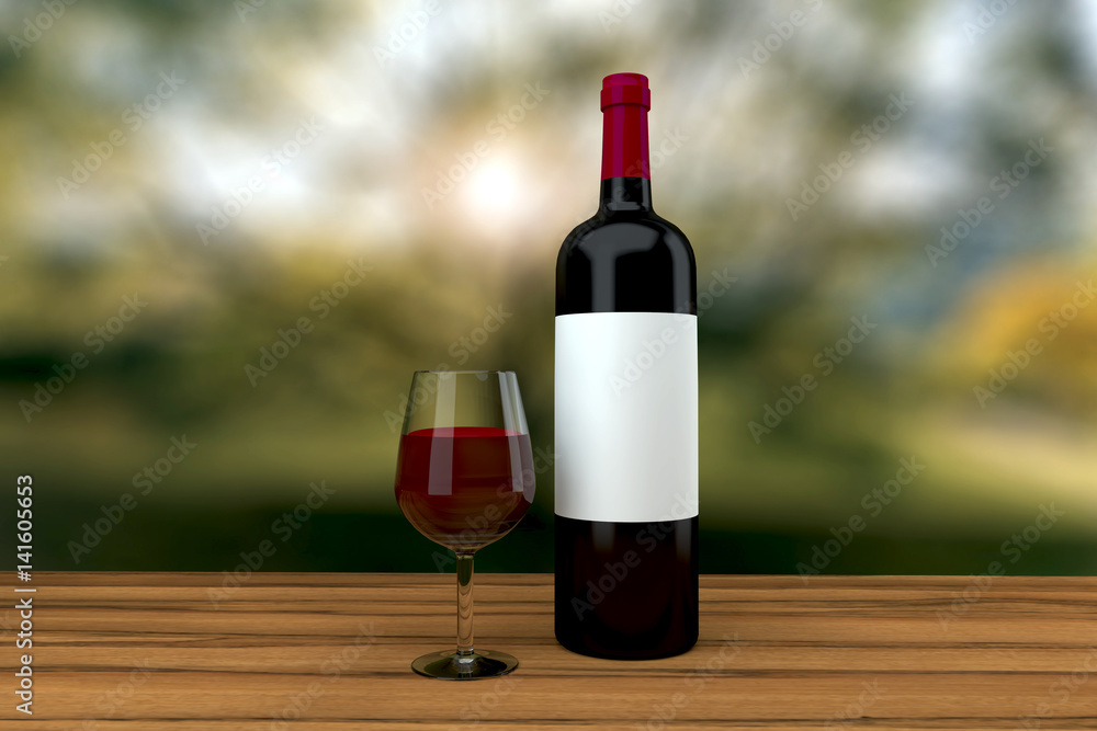 Fototapeta premium red wine glass and bottle on a wood table outdoor 3D rendering