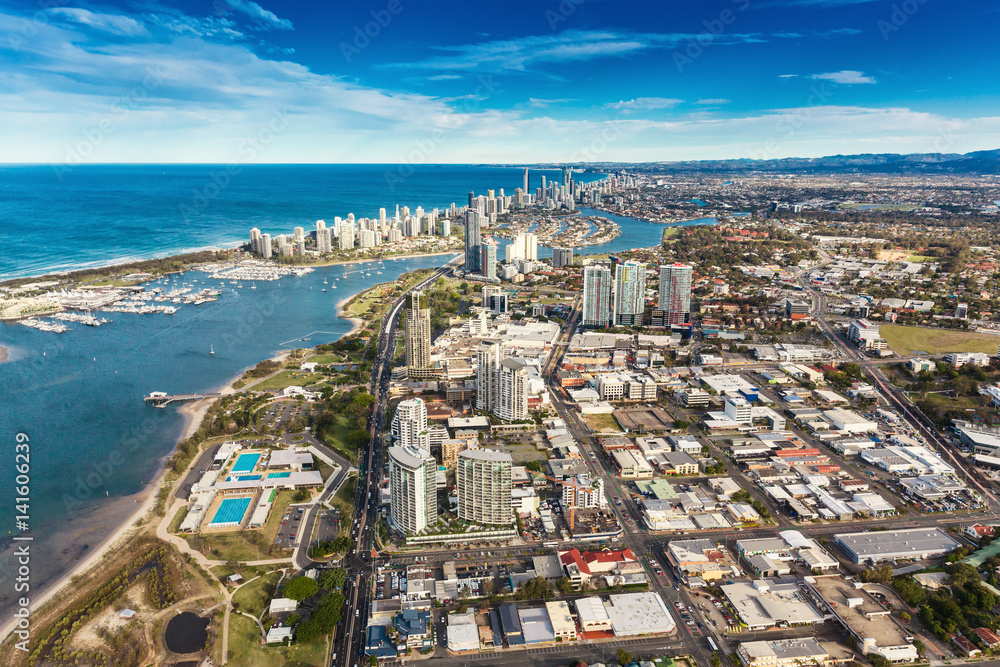 Fototapeta premium SURFERS PARADISE, AUS - SEPT 04 2016 Aerial view of Surfers Paradise skyline and beach, Gold Coast, Australia.
