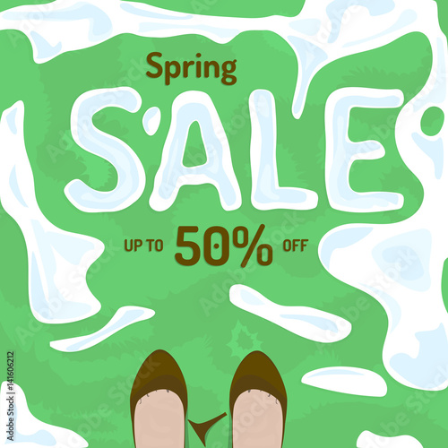 Flat spring sale vector banner, poster, flyer. Fresh creative design of sale template. Vector illustration with melting snow on grass, old shoes and broken heel.