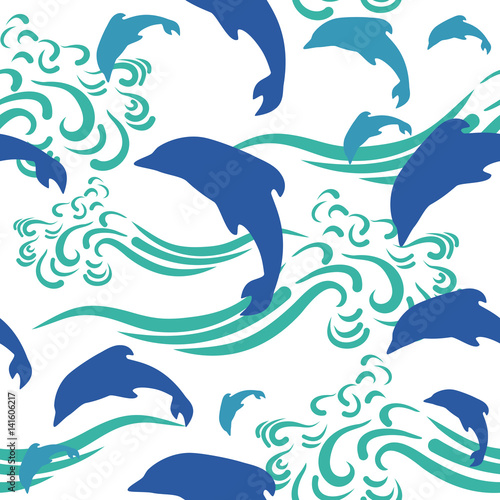 Seamless pattern of dolphins and waves. Graphic vector. Wallpaper. Symdol of the sea.