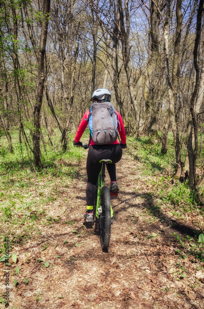 The back of a woman cycling in the forest