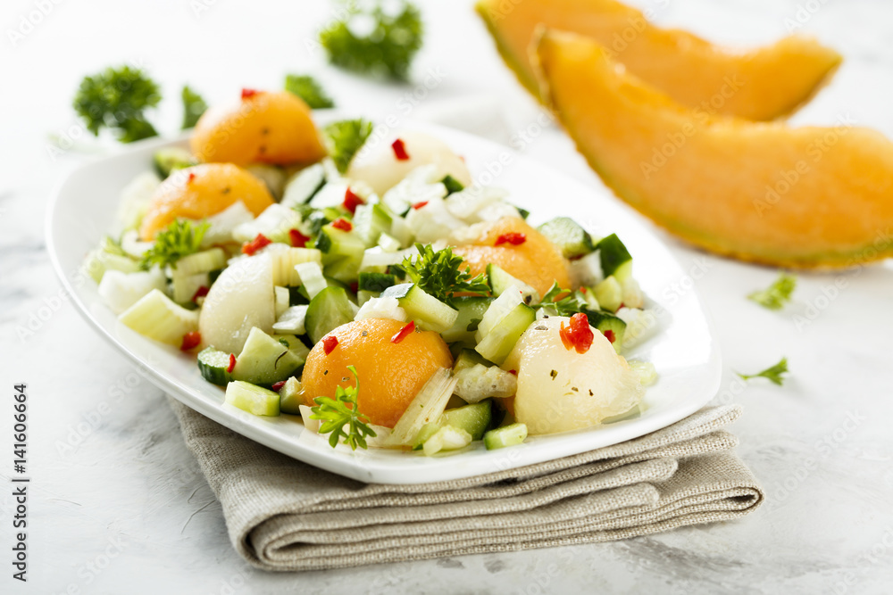 Melon salad with celery, chili and cucumber Melon salad with celery, chili and cucumber