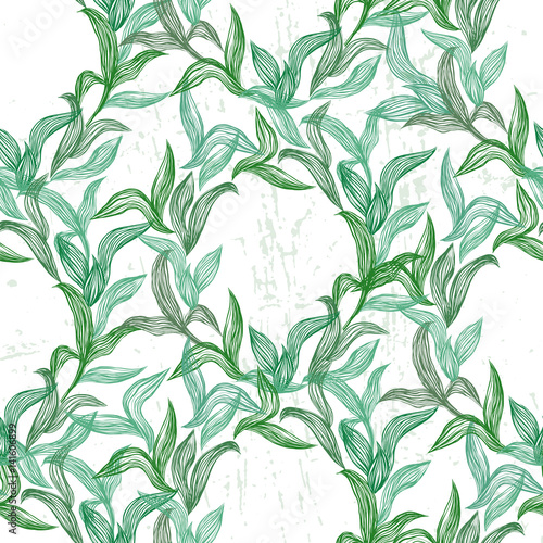 Seamless pattern with green line leaves