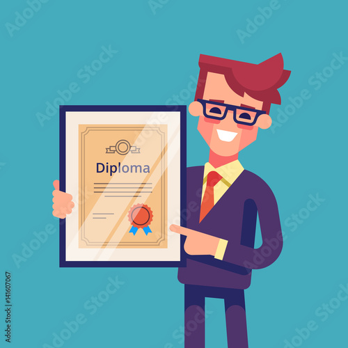 Handsome successful businessman holding diploma in his hands. Graduate of MBA. Modern vector illustration. photo