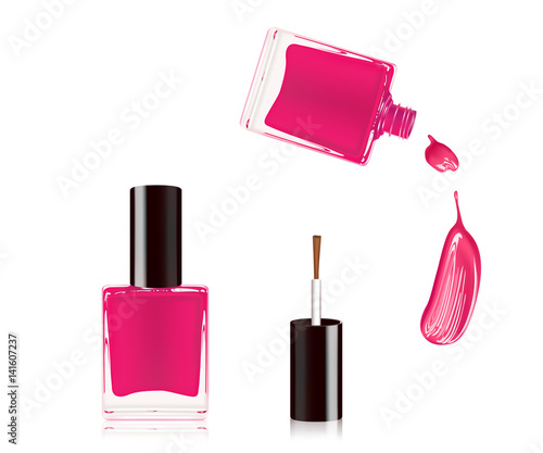 Pink nail polish in bottle with the bottle lid on top and nail smear drop isolated on white background. Vector illustration.