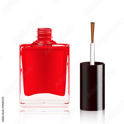 Red nail polish in the bottle isolated on white background. Vector illustration.