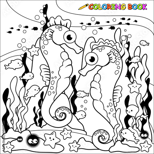Seahorses and fish swimming underwater. Vector black and white coloring page.