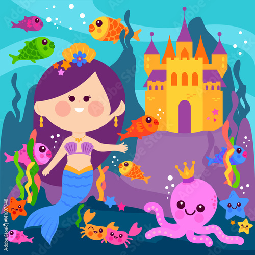 Beautiful mermaid swimming underwater, a castle and sea animals. Vector illustration