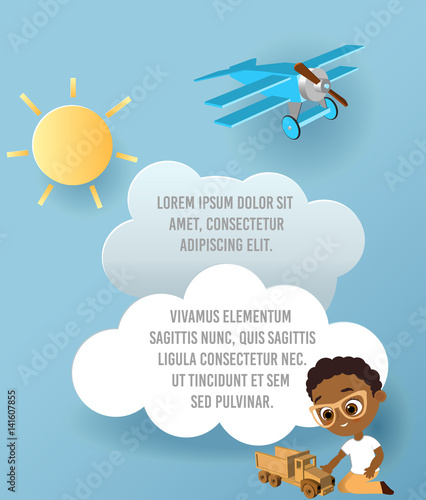 African American boy with toy car. Boy playing car. Vector Paper art of car, cloud and plane in the sky. Template advertising brochure with space for text. Origami concept Banner. Banner with funny