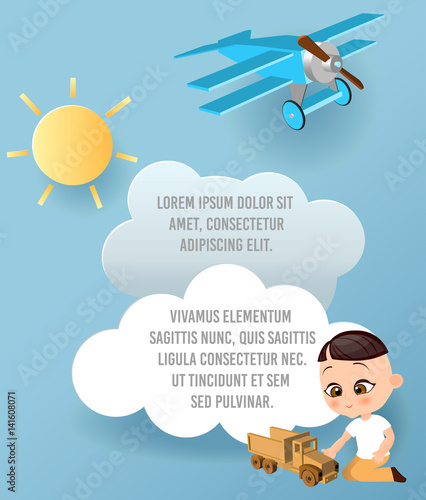 Japanese boy with toy car. Boy playing car. Vector Paper art of car, cloud and plane in the sky. Template advertising brochure with space for text. Origami concept Banner.