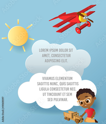 African American boy with toy car. Boy playing car. Vector Paper art of car, cloud and plane in the sky. Template advertising brochure with space for text. Banner with funny cartoon kids
