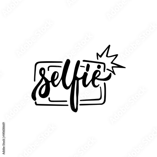 Selfie - hand drawn lettering phrase isolated on the white background. Fun brush ink inscription for photo overlays, greeting card or t-shirt print, poster design.