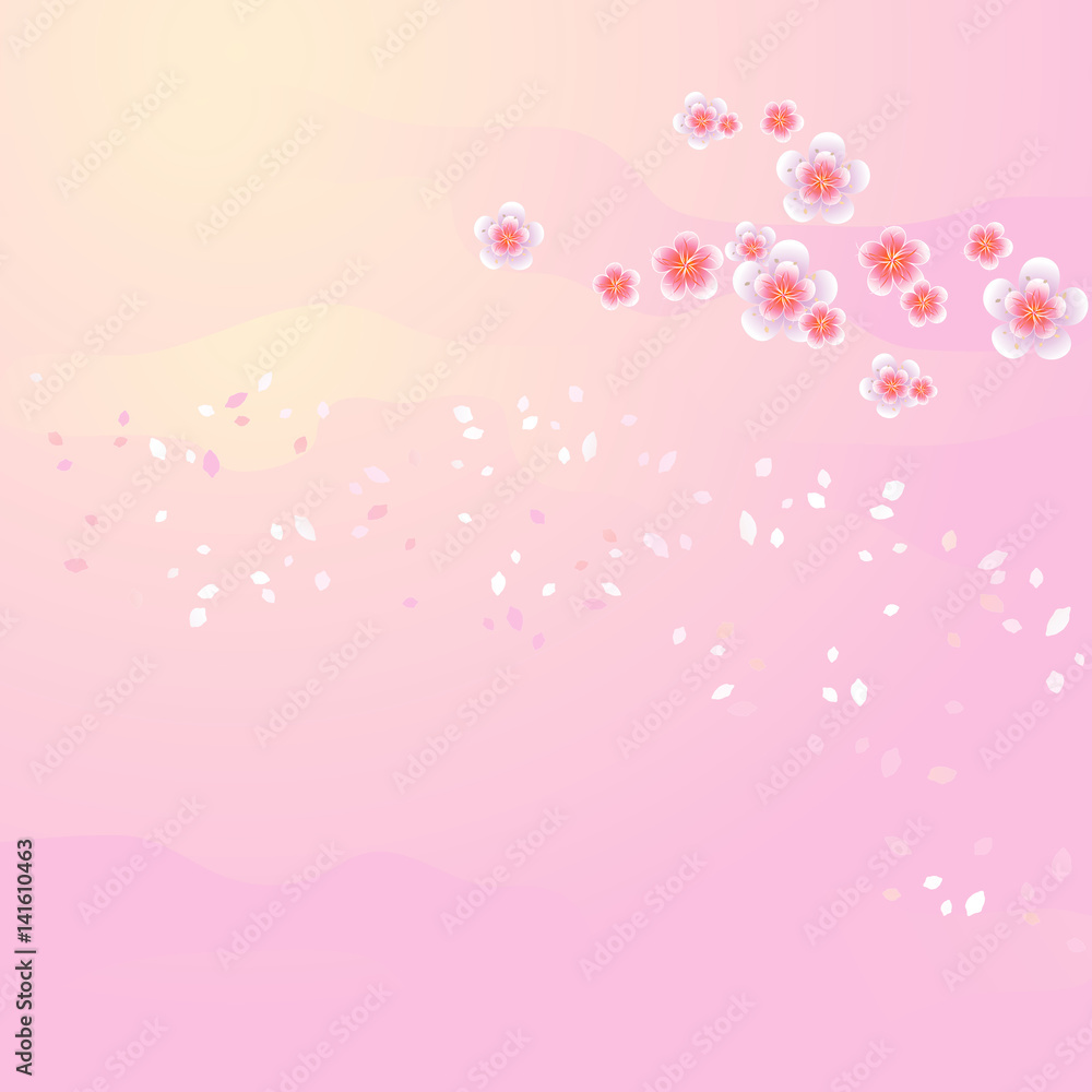 Flowers of Sakura and petals flying isolated on light pink yellow background. Apple-tree flowers. Cherry blossom. Vector 