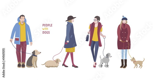 People walking with dogs. Colorful flat illustration. © Good Studio