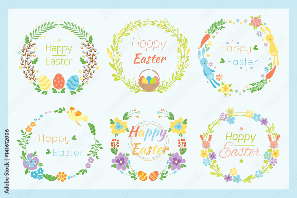 Happy easter hand drawn badge with hand lettering greeting decoration element and natural wreath handmade style vintage symbol spring flower vector illustration. Happy easter hand drawn badge with hand lettering greeting decoration element and natural wreath handmade style vintage symbol spring flower vector illustration.