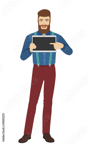 Hipster pointing at digital tablet PC