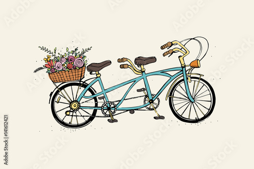 Hand drawn tandem city bicycle with basket of flower. Vintage, retro style. Sketch vector colorful illustration.