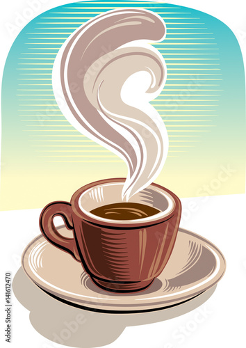 Cup of steaming coffee, on a brown background.