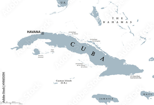 Cuba political map with capital Havana. Republic in the northern Caribbean with the neighbor countries Jamaica, Haiti, the Cayman Islands and The Bahamas. English labeling and scaling. Illustration.