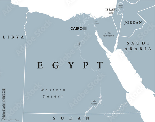 Egypt political map with capital Cairo, with Nile, Sinai Peninsula and Suez Canal. Arab Republic of Egypt with international borders and neighbor countries. Gray colored illustration. English labeling