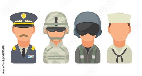 Set icon character military people. Soldier, officer, pilot, marine, sailor