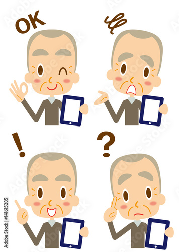 表情　タブレットを使う熟年男性