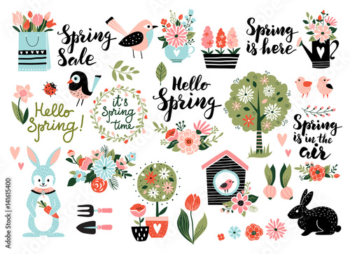 Spring set, hand drawn elements- calligraphy, flowers, birds, wreaths, and other. Perfect for web, card, poster, cover, tag, invitation, sticker kit. Vector illustration