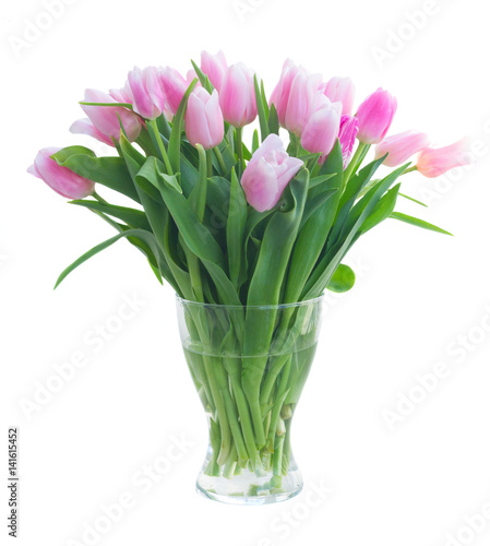 Bouquet of fresh pink tulips in glass vase isolated on white background