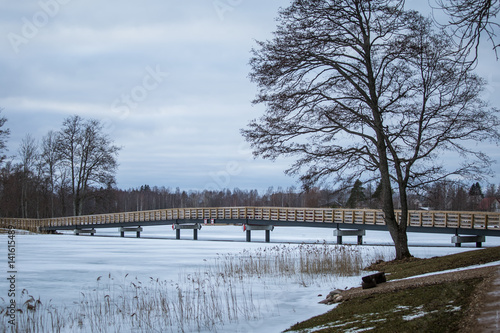 A beautiful winter landscape with a bridge over the frozen river © dachux21