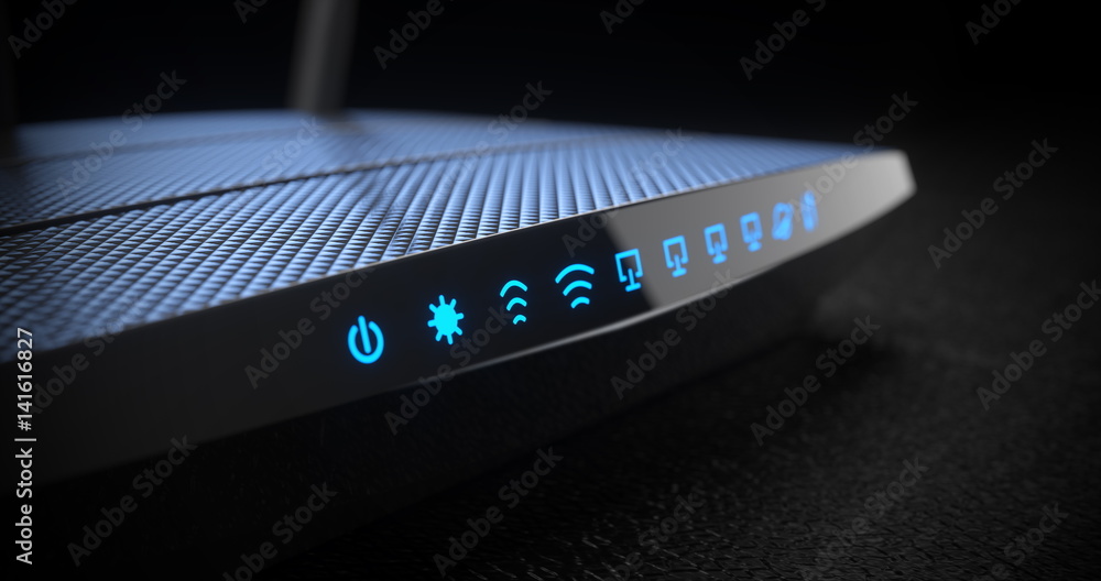 Wi-Fi wireless internet router on dark background - obrazy, fototapety, plakaty 