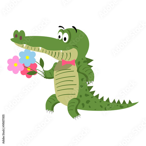 Cartoon Crocodile with Flowers Isolated on White