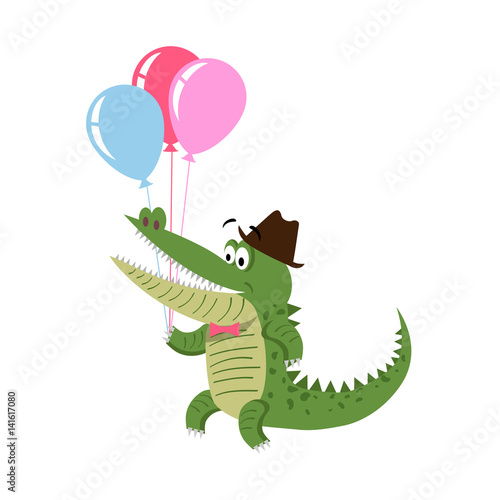 Cartoon Crocodile with Air Balloon in Hat Isolated