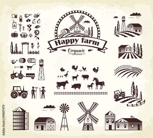 Set of Happy Farm Organic Production Cartoon Style