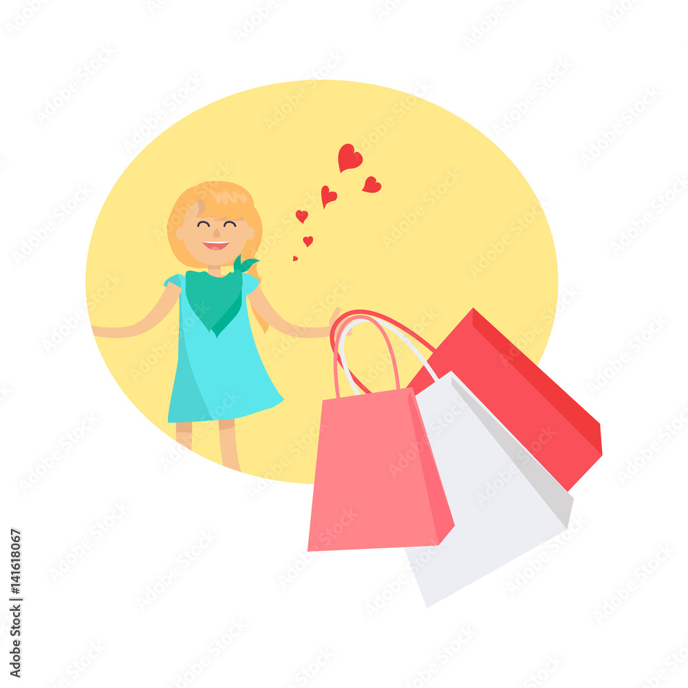 Happy Young Girl with Bags Isolated Illustration Happy Young Girl with Bags Isolated Illustration