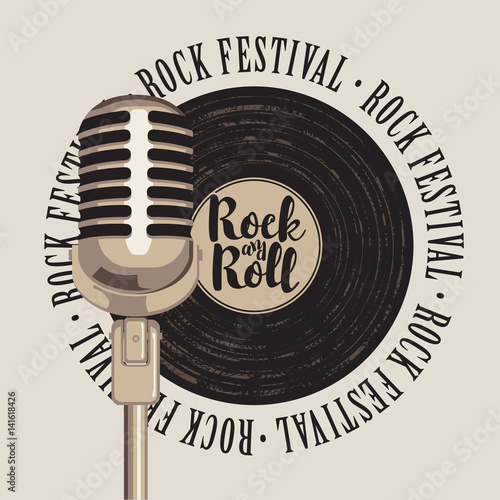 banner with a vinyl record, microphone, inscription rock-n-roll and the words rock festival, written around photo