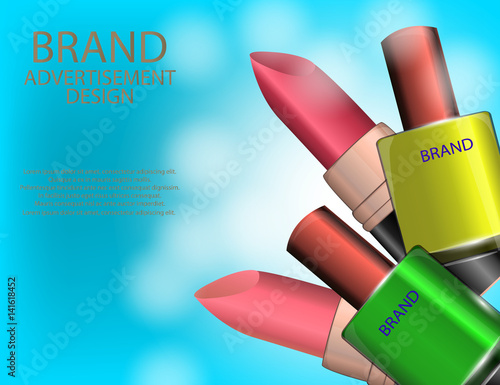 Colorful nail lacquer and lipsticks template, glossy bottles on the sparkling effects background.