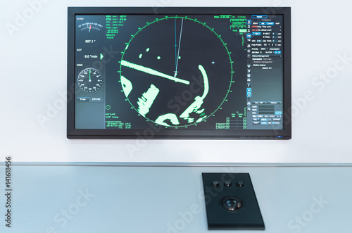 Radar panel on a boat. Maritime navigation board on a commercial shipping vessel.