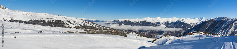 Panoramic view down an alpine mountain valley
