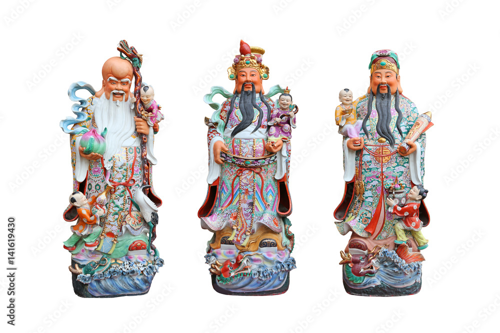 Three gods of Chinese people isolated on white background, Hock Lok Siew or Fu Lu Shou