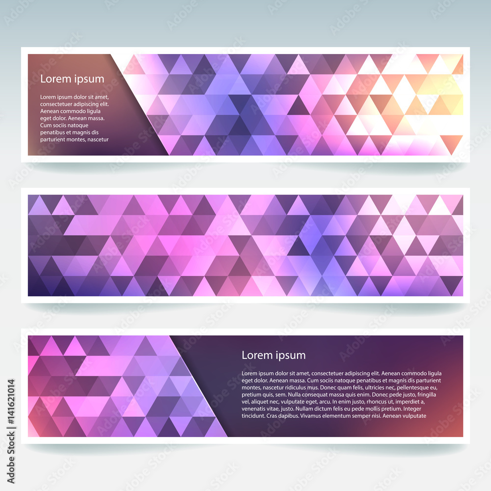 Horizontal banners set with polygonal pink, purple, beige, brown triangles. Polygon background, vector illustration