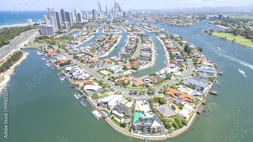 Aerial view of Macintosh Island waterfront properties, facing south with Surfers Paradise in the horizon