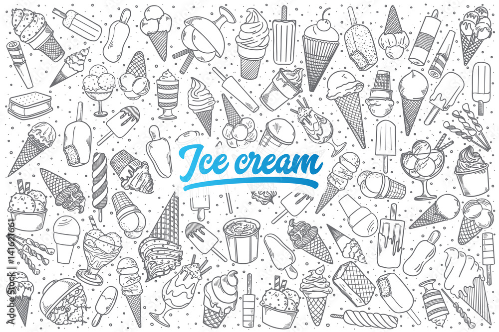 Hand drawn ice cream doodle set background with blue lettering in vector