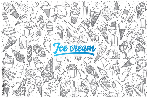 Fototapeta Naklejka Na Ścianę i Meble -  Hand drawn ice cream doodle set background with blue lettering in vector