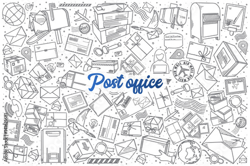 Hand drawn Post office doodle set background with blue lettering in vector