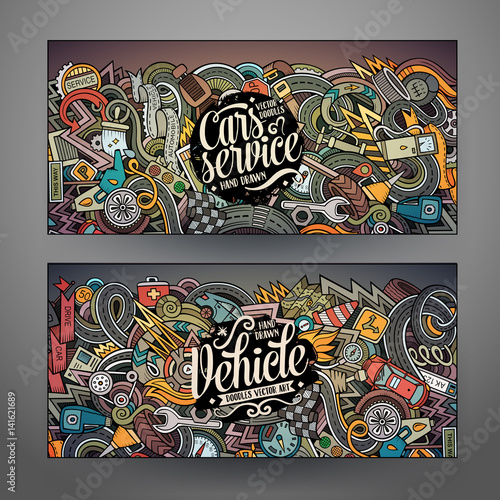 Cartoon vector hand drawn doodles Aautomobile horizontal banners