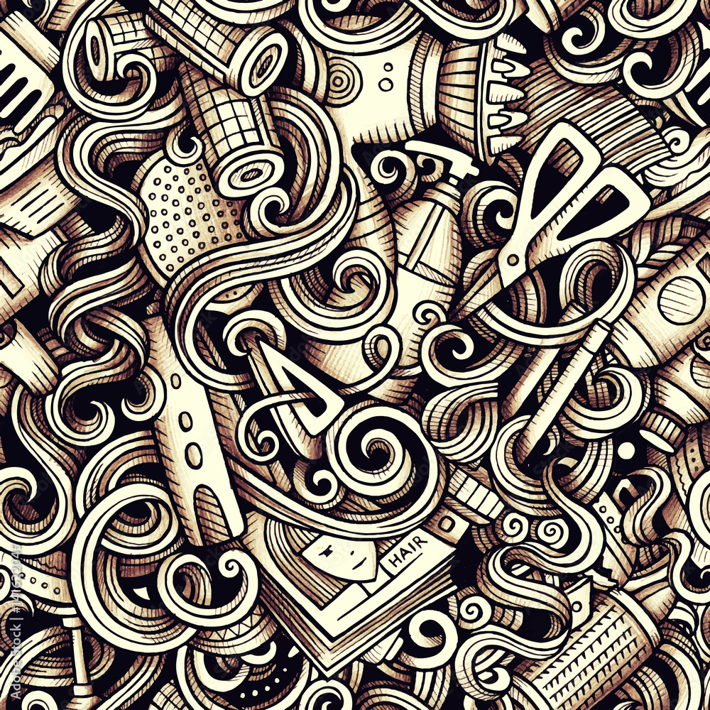 Graphic Hair salon artistic doodles seamless pattern