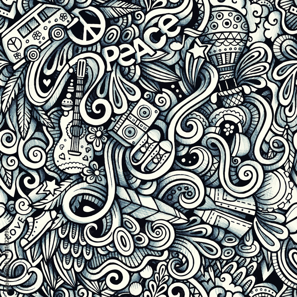 Graphic Hippie hand drawn artistic doodles seamless pattern