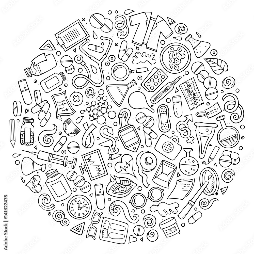 Vector set of Medical cartoon doodle objects