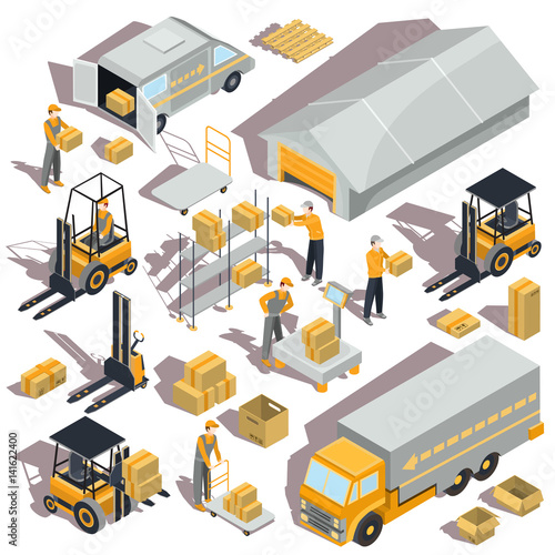 Set of vector logistic and delivery isometric icons with warehouse building, shelves, boxes, forklifts, trucks and workers are there