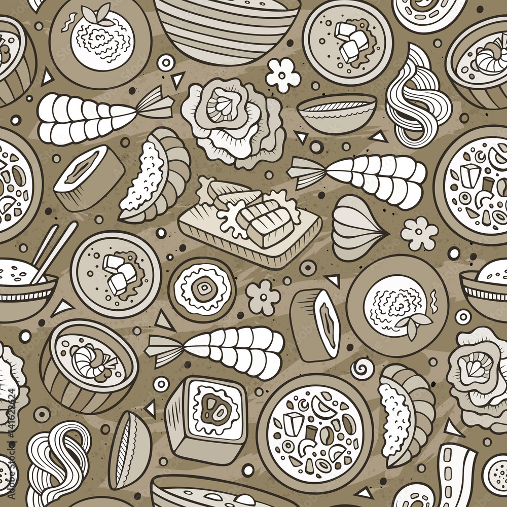 Naklejka premium Cartoon cute hand drawn Japan food seamless pattern